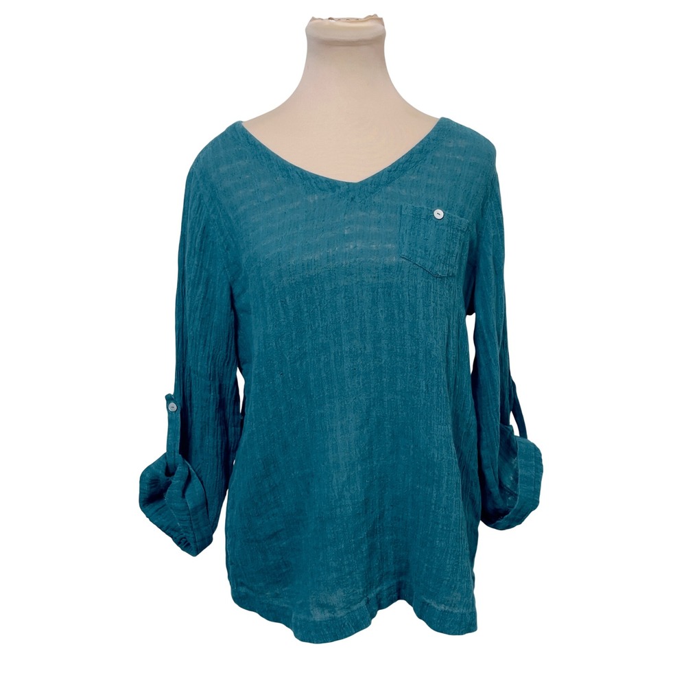Soft Surroundings Womens‎ XS Green Textured Gauze Roll Tab Sleeve V-Neck Top